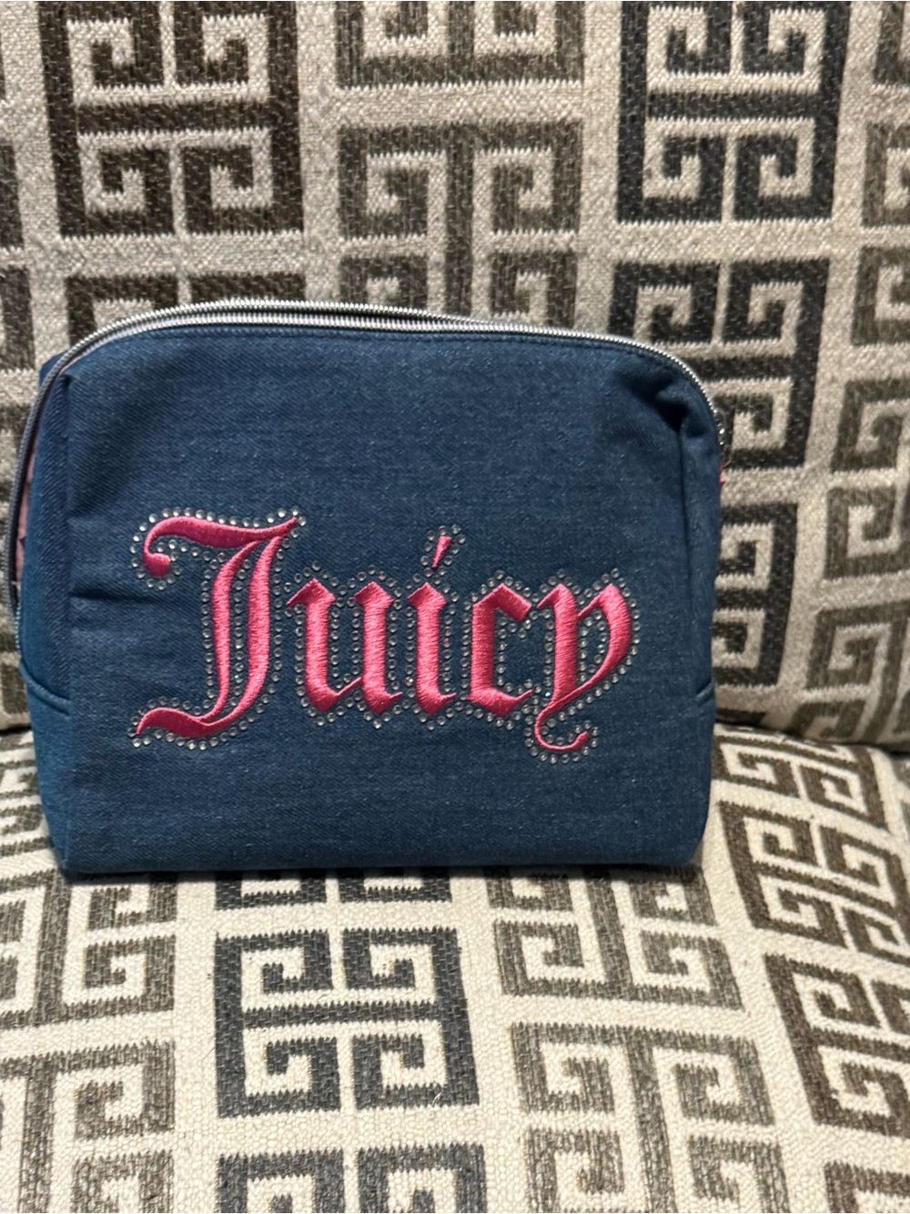 Juicy Couture Denim Cosmetic Bag with Pink Script Logo